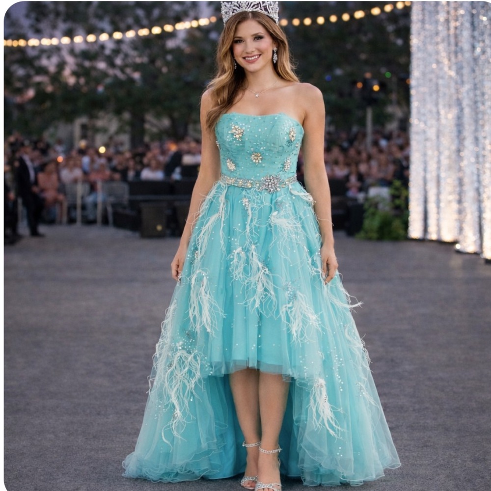 Turquoise Feather Prom Gown Dress